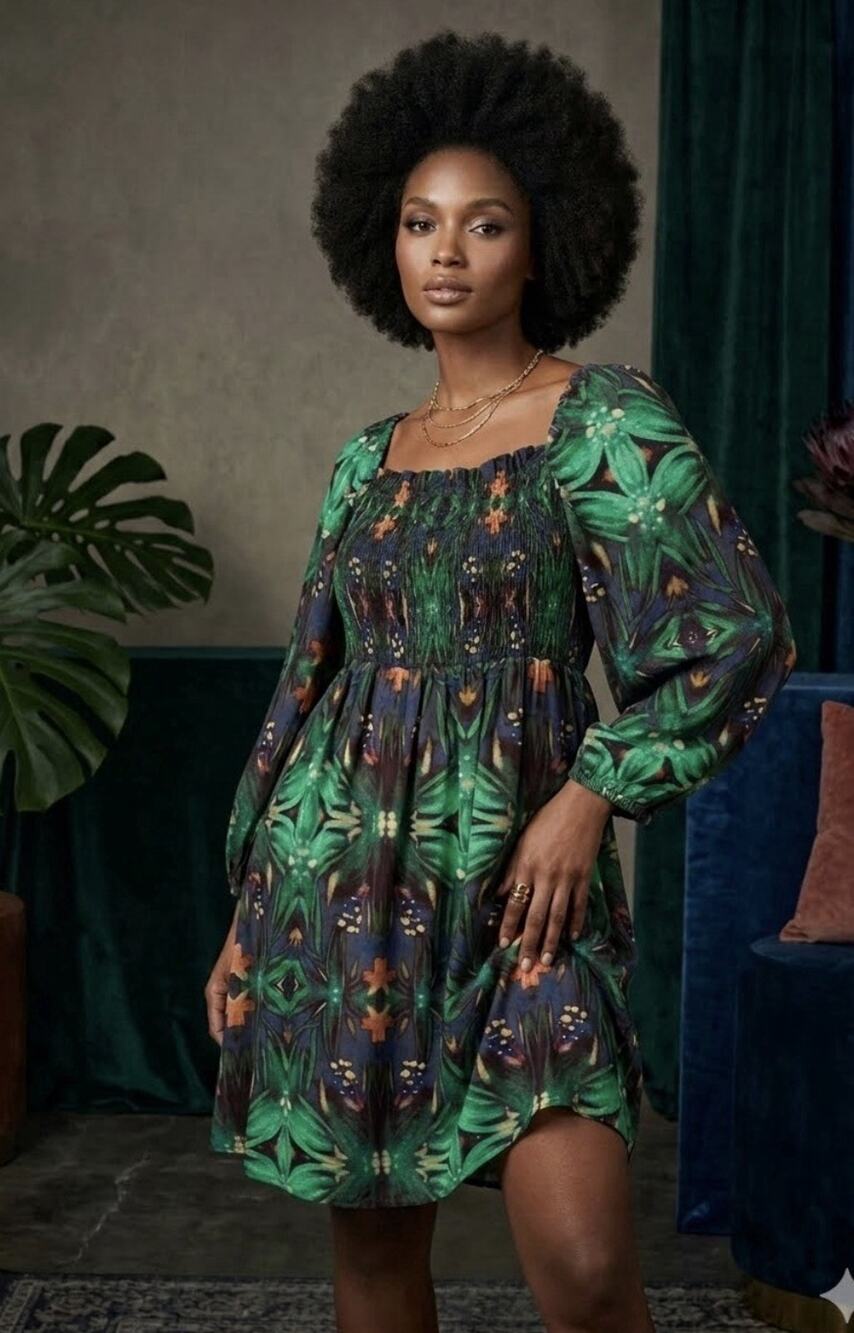 Noonday Collection REVERSIBLE Smocked Tie-Back Mini Dress Camellia Print 2-8 (1)